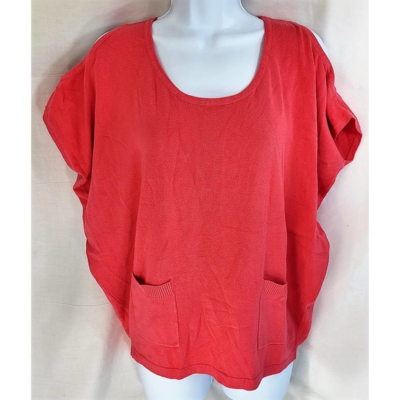 Odemai Womens 1X Cold Shoulder Short Sleeve Two Front Pockets Salmon Sweater - Picture 1 of 11